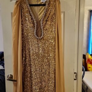 Gold Velvet Sequin Gown with Sheer Sleeves